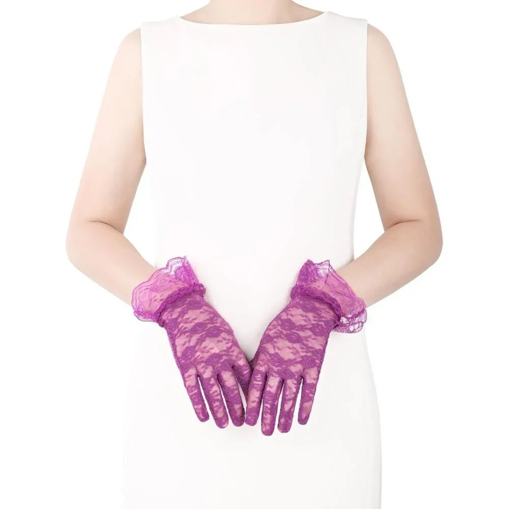 Women's Purple Short Nylon Mesh Imported Nylon Sheer Lace Ruffles Gloves